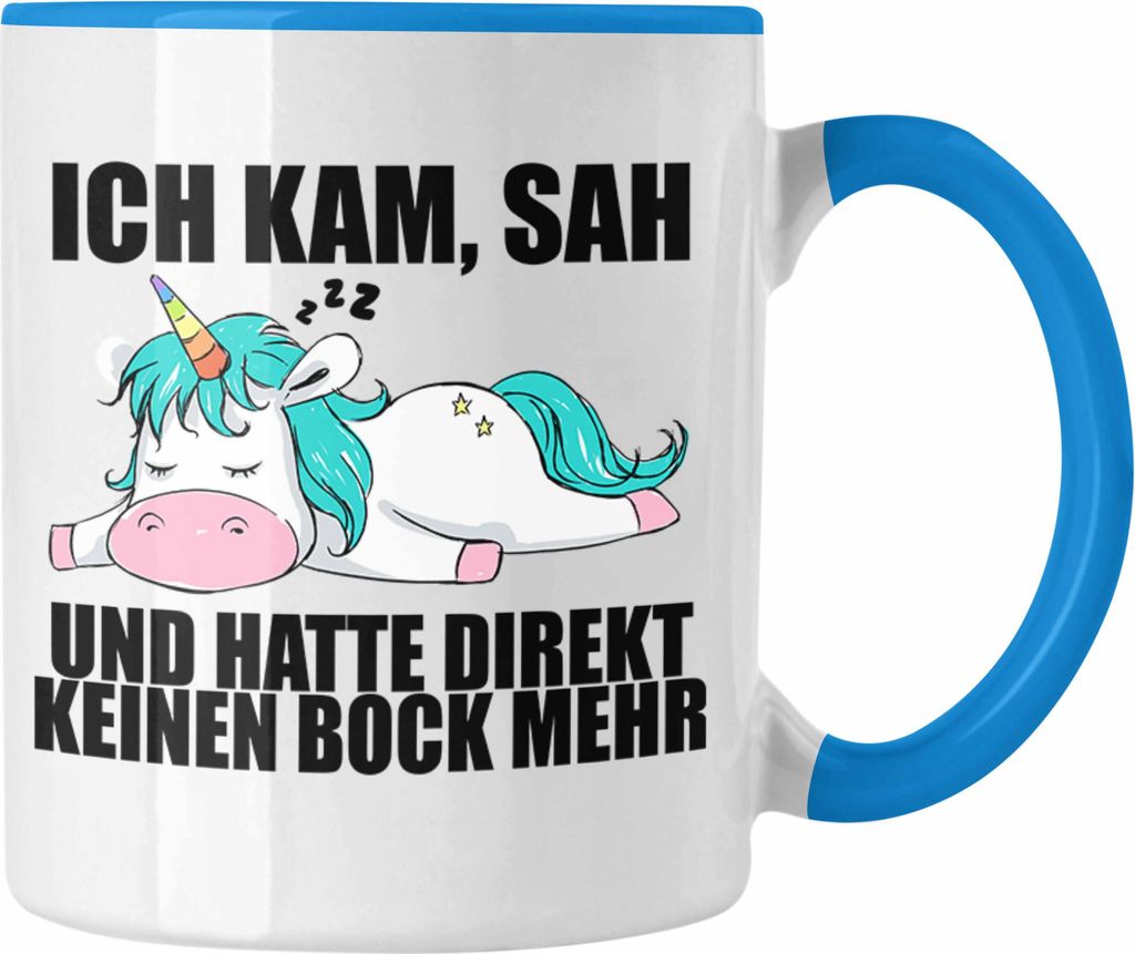 Trendation - Einhorn Tasse mit Spruch Geschenk Arbeitskollege Kollegin Kaffeetasse Büro (Blau)