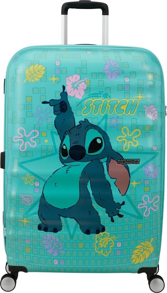 A turquoise suitcase with a Stitch character design and floral patterns.