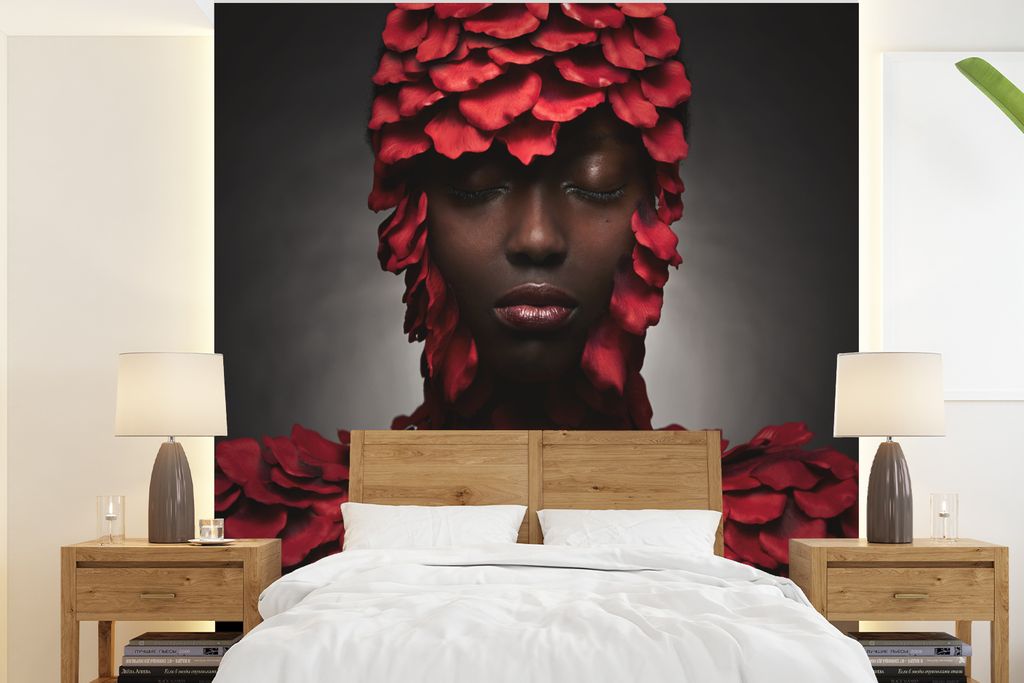 MuchoWow Fototapete für Wohnzimmer oder Schlafzimmer Wandtapete Vinyl Motivtapete Frau - Laub - Rot - 200x220 cm - Vinyltapeten