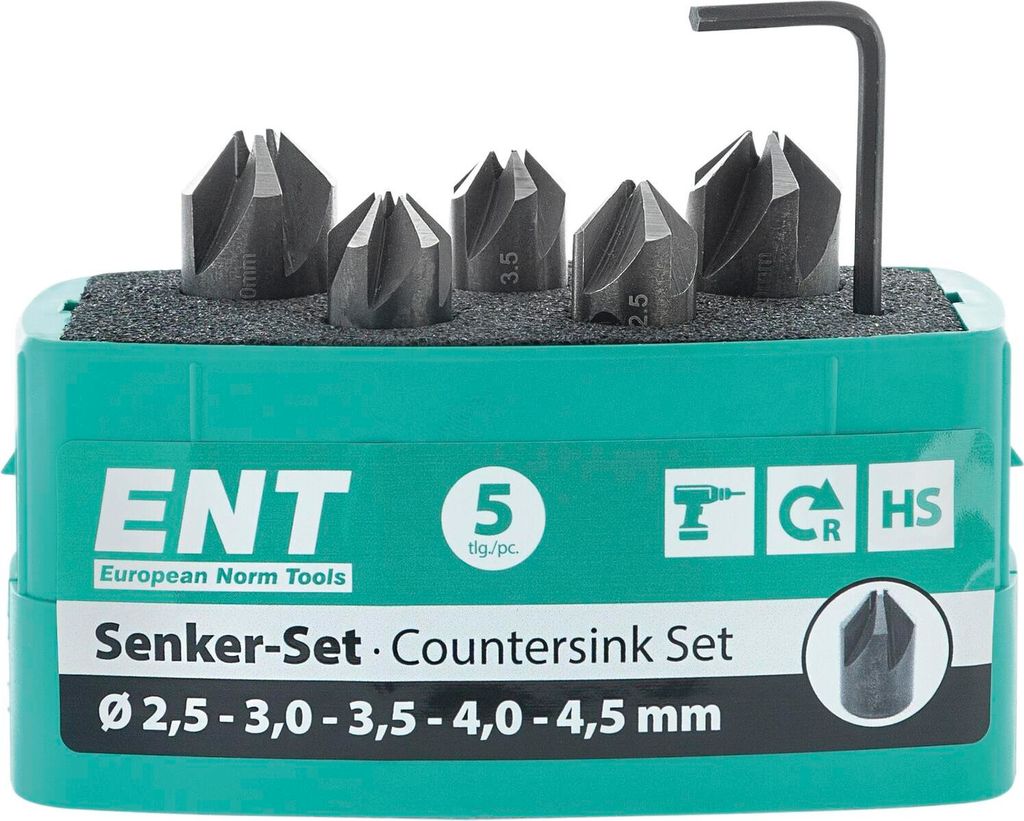 ENT Kegelsenker Set für Holz & Kunststoff HSS-G 90 Grad ø 2,5/3/3,5/4/4,5mm 5-teilig