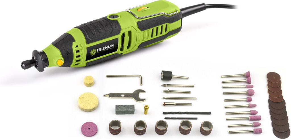 A rotary tool and its accessories are laid out on a white background.