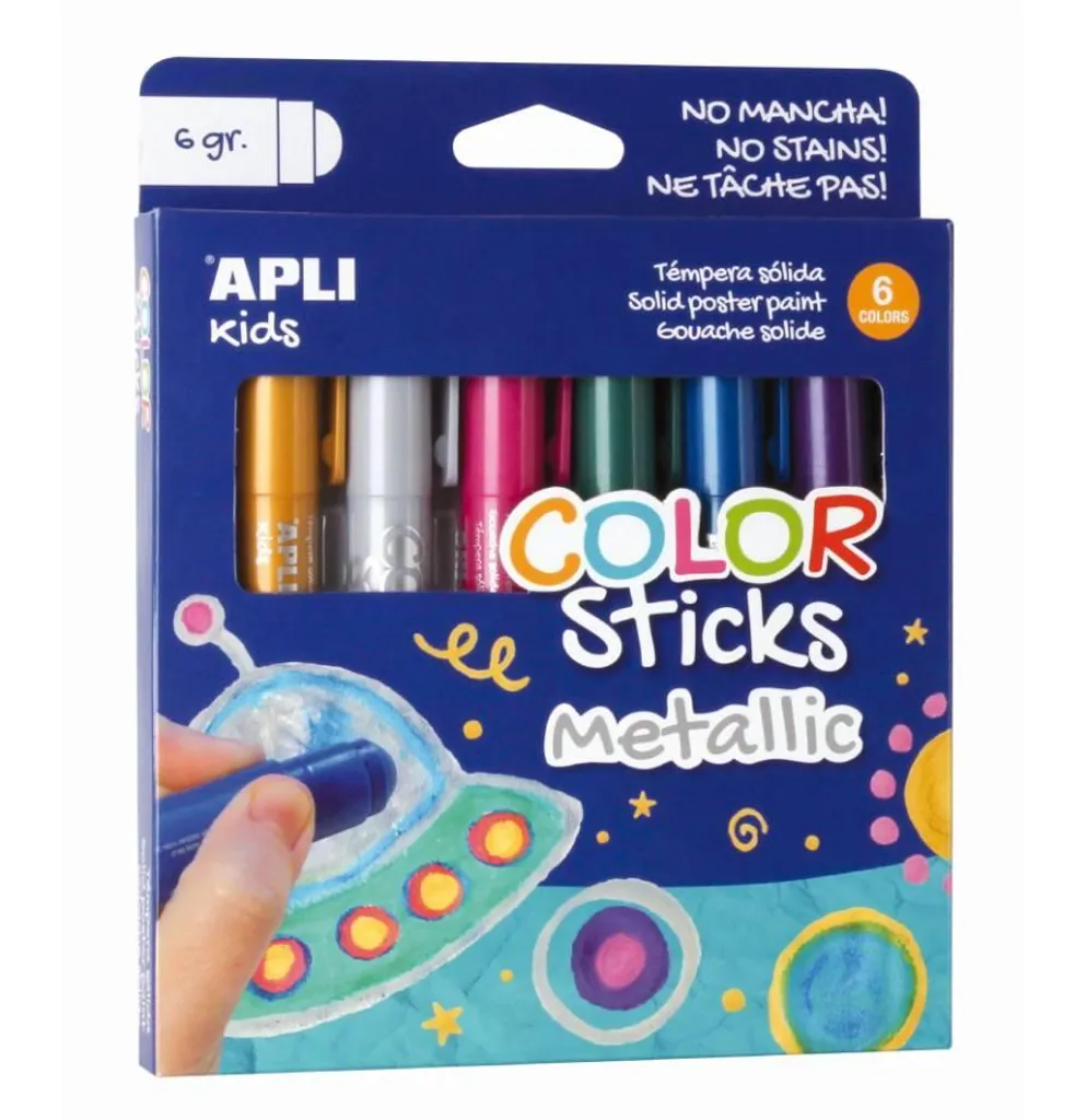 Peinture Gouache Solide Métallique APLI Kids - 6 Bâtons de Dessin Facile
