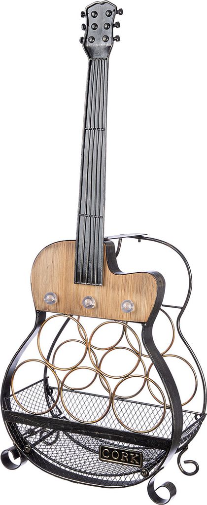 A wine rack shaped like a guitar.