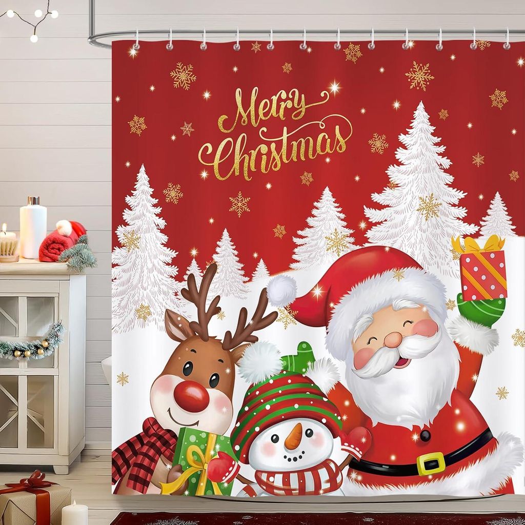 Festlicher Winterduschvorhang 180 x 180 cm, Weihnachtsmann/Schneemann, waschbarer Polyesterstoff mit Haken