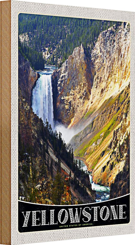 Holzschild Reise 20x30cm Yellowstone Wasserfall Fluss Natur