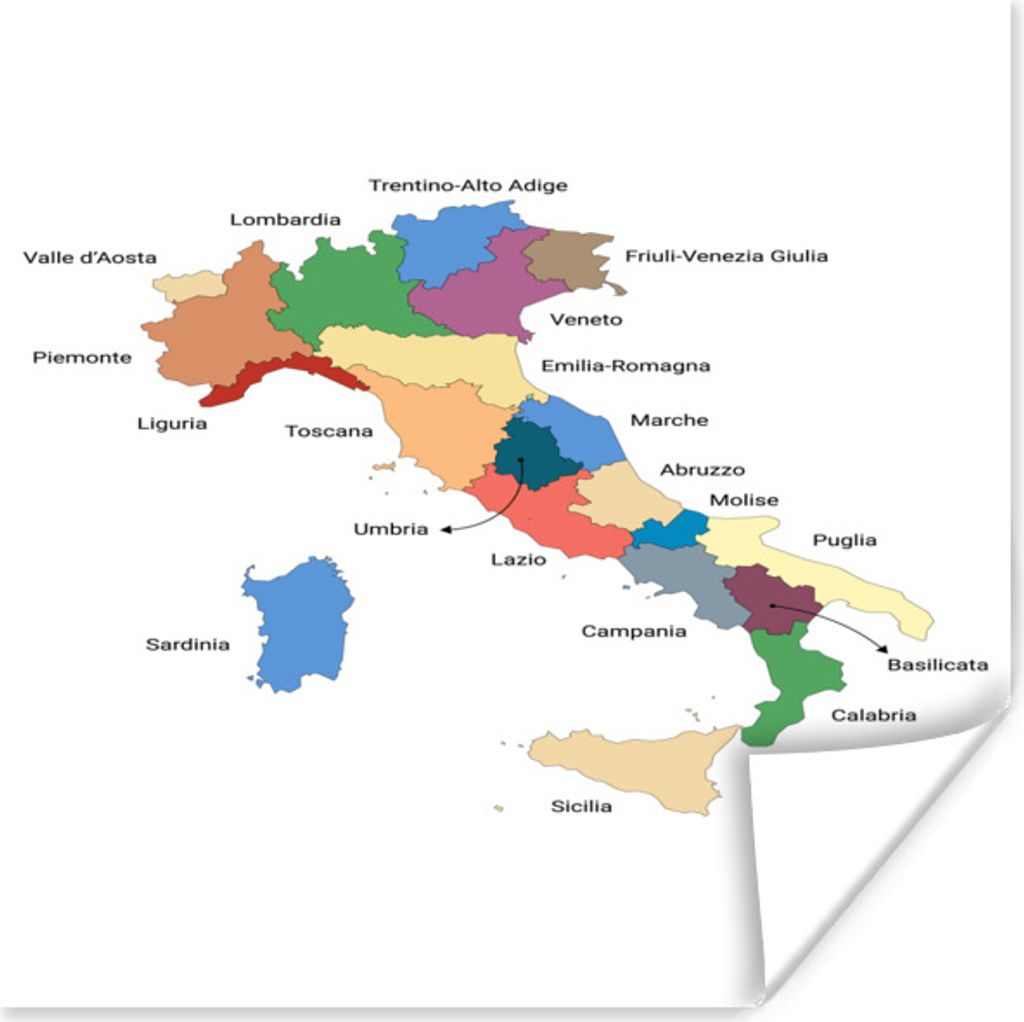 MuchoWow Poster Karte mit den Regionen Italiens 30x30 cm - Wandposter - Printing