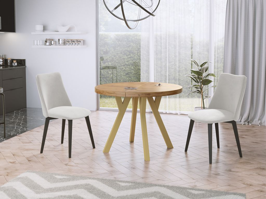 Designer Runder Ausziehbarer Esstisch - Loft-Stil, Industriell, Platzsparend - Goldene Beine - 100 bis 200 cm - für 8-10 Personen - Hergestellt in...