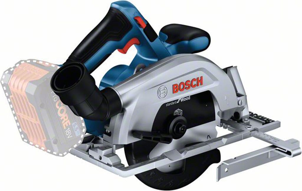 A cordless circular saw with a battery pack attached, shown against a white background.