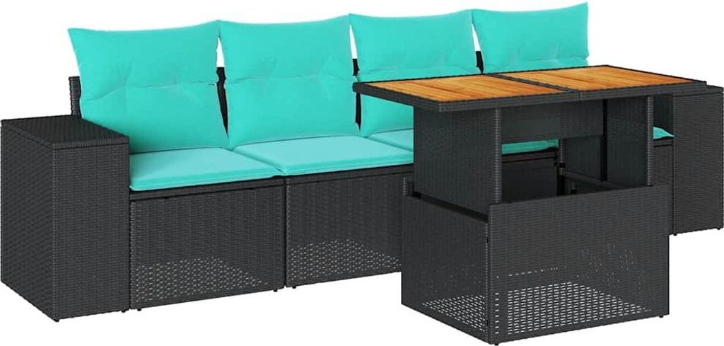 5-tlg. Garten-Sofagarnitur mit Kissen Schwarz Poly Rattan