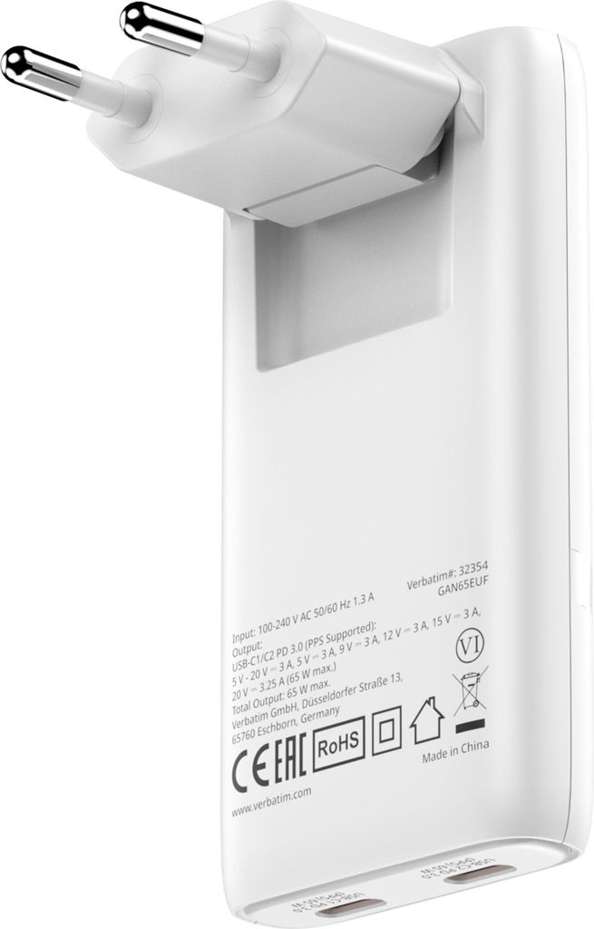 Verbatim GaN III Fold ́n ́ Go Charger 2 Port 65W USB-C white