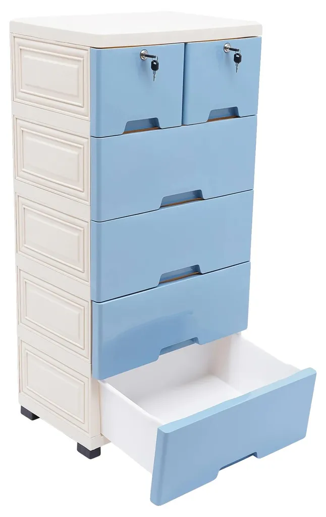 Meuble de rangement bleu pour chambre d'enfant, 5 étages et 6 tiroirs XL