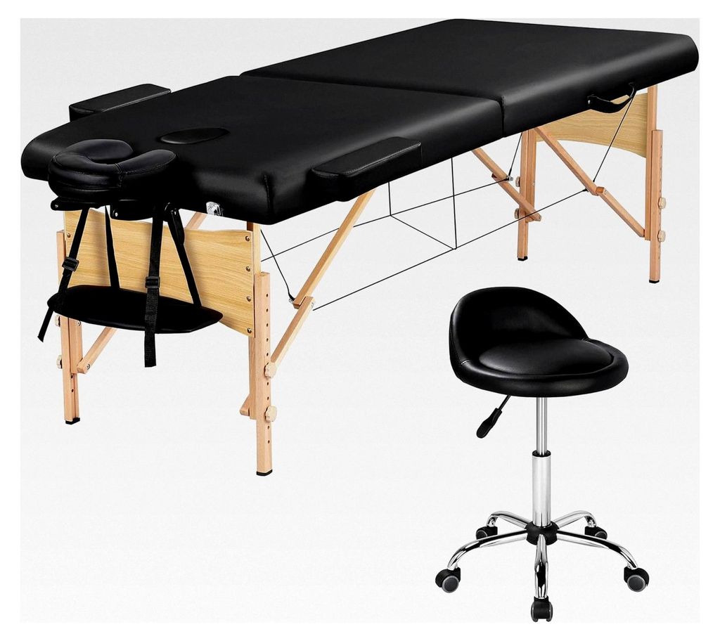 Massageliege Set 2 Zonen Massagebett mit klappbaren Buchenholzbeinen, 70 cm Breite & höhenverstellbarem Drehhocker
