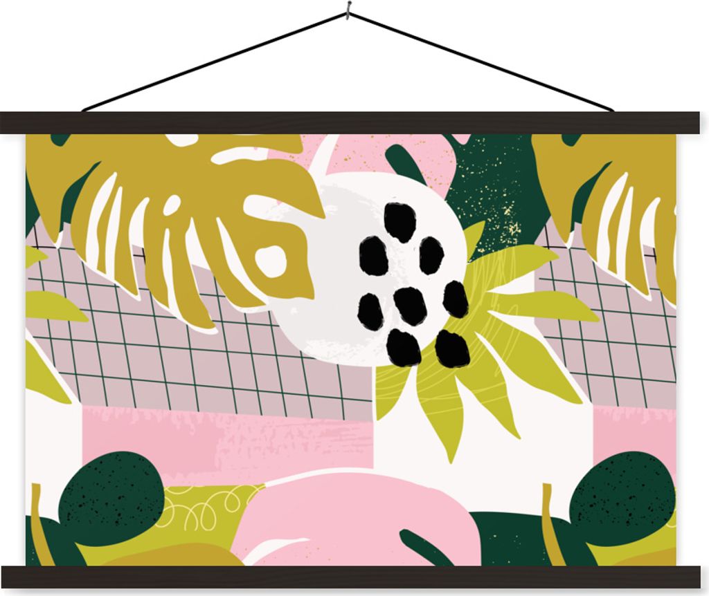 MuchoWow Textilposter Tropische Pflanzen - Rosa - Gelb - Muster 90x60 cm mit schwarzem Rahmen - Aufhängungssatz