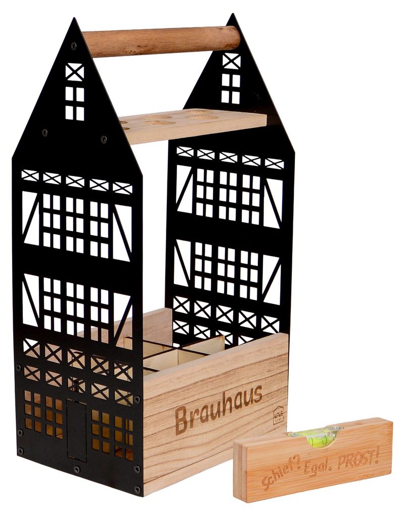 UNUS Brauhaus Bierträger Flaschenhalter 6er mit Schnapsglashalter Fachwerkoptik
