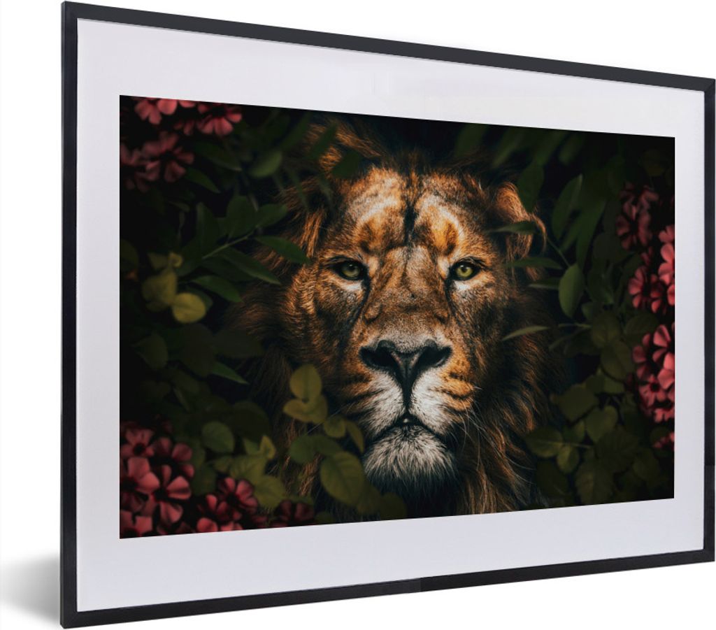 MuchoWow MuchoWow Gerahmtes Poster Dschungel - Löwe - Blumen - Pflanzen 40x30 cm - Poster mit zchwarzem Bilderrahmen - Bilderrahmen - Poster i...