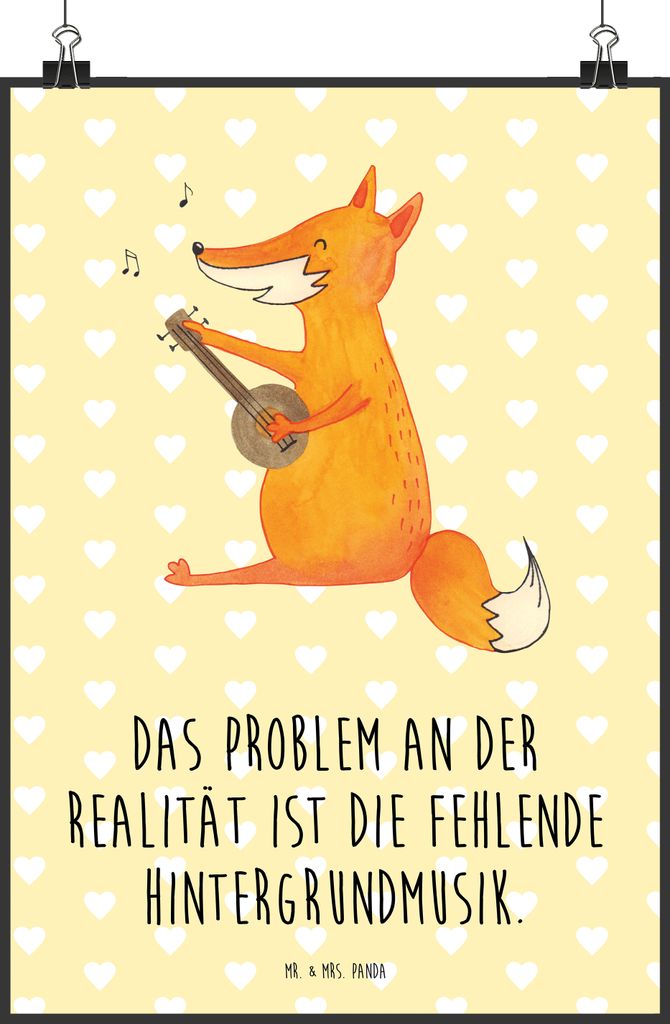 Mr. & Mrs. Panda Bild Fuchs Gitarre DIN A2 - Gelb Pastell - Geschenk, Musiker, Kunstdruck, Füchse, Sängerin, Musik, Singen, drucke, wanddeko, Wan...
