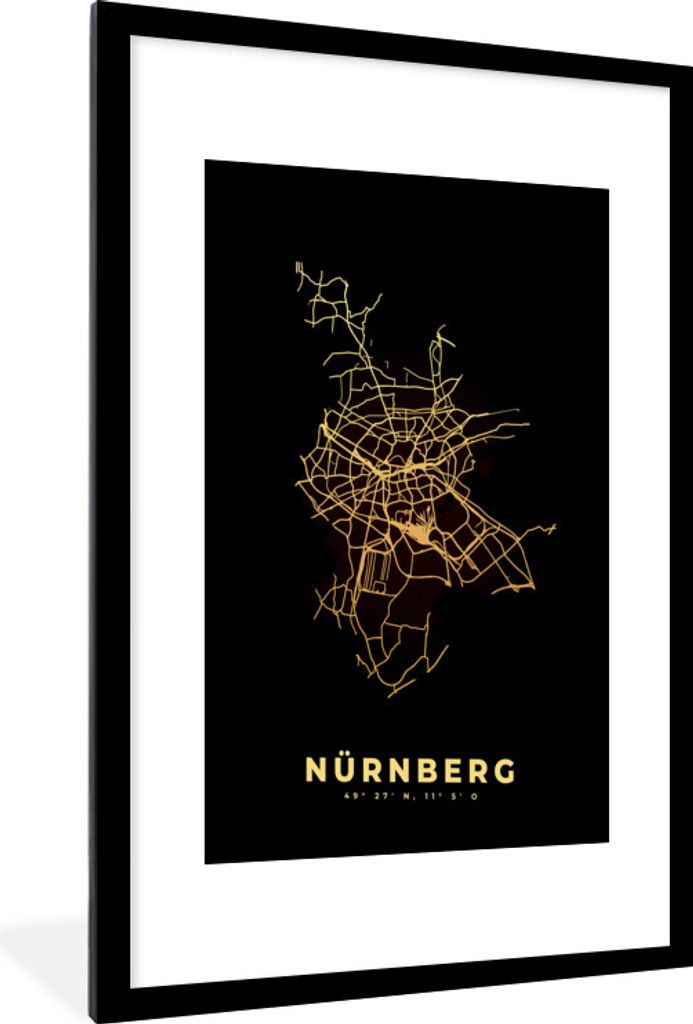 MuchoWow Gerahmtes Poster Nürnberg - Gold - Stadtplan - Karte 60x90 cm - Poster mit Schwarzem Bilderrahmen Wandposter Rahmen Foto Bilder - Dekor...