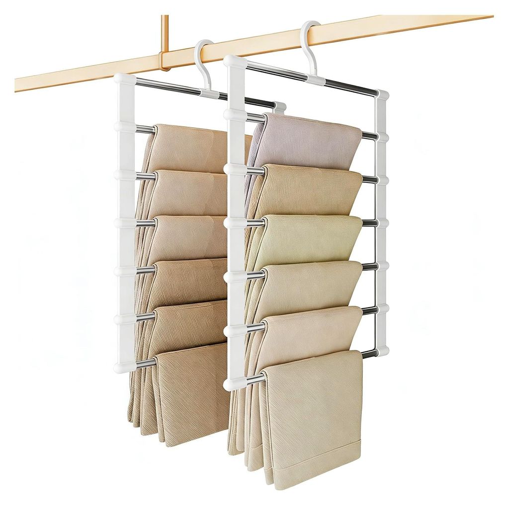 2 Stück platzsparende Hosenbügel mit 6 Ebenen aus Edelstahl, praktische Kleiderbügel für Hosen, Schals, Handtücher und kleine Kleidungsstücke