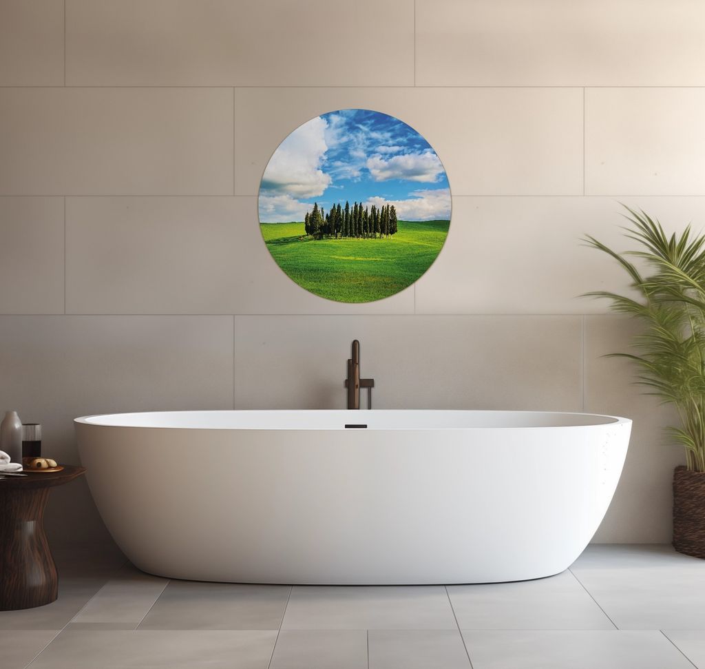 Wallario wasserfestes Poster selbstklebend 60 x 60 cm, Kleiner Wald inmitten einer weiten Wiese, Badezimmerposter Spritzschutz mit Hochglanzoberfl...