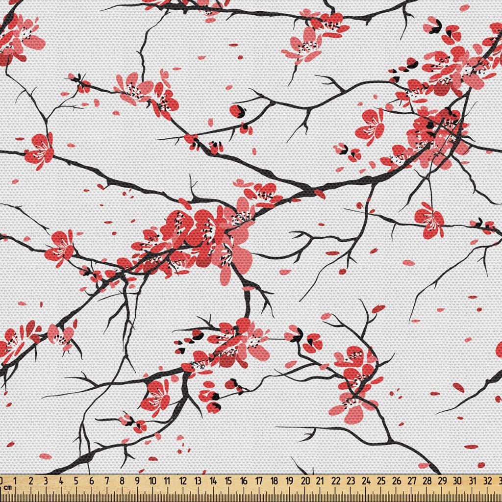 ABAKUHAUS Natur Gewebe als Meterware, Illustration Von Sakura Windy April Wetter In Der Japanen Malerei Art Kunst, 5 M (148 x 500 cm), Coral Schwarz