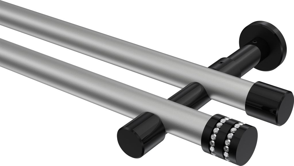 Interdeco Gardinenstange / Vorhangstange Silbergrau / Schwarz, Typ Prestige Estana (Glitzerkappe) ohne Ringe, 20 mm Ø 2-läufig, 540 cm