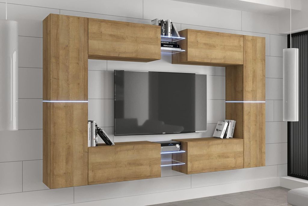 Furnitech Wohnwand Wohnzimmer - Wohnzimmer Möbel mit LED RGB - 16 Farben - Hängend Wohnwand Modern - Regale und TV Schrank (C20N-21DZ-M6-1B)