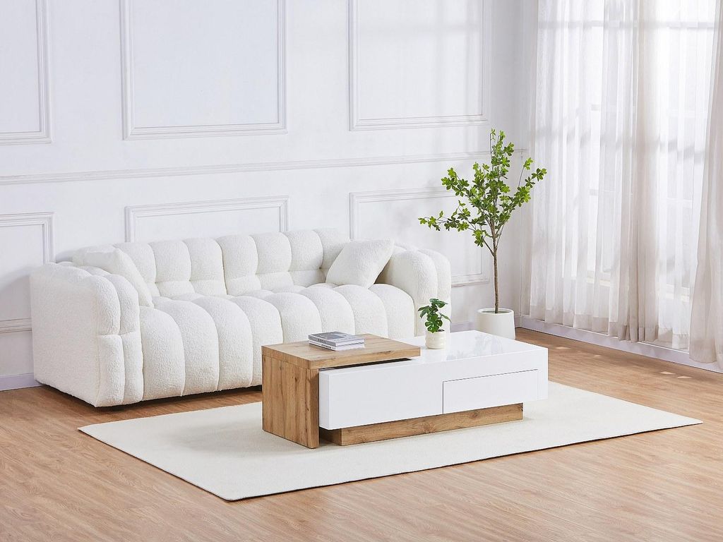 Klappbarer Couchtisch aus MDF mit 1 Schublade und 1 Nische - Natur und Weiß - MANDREA