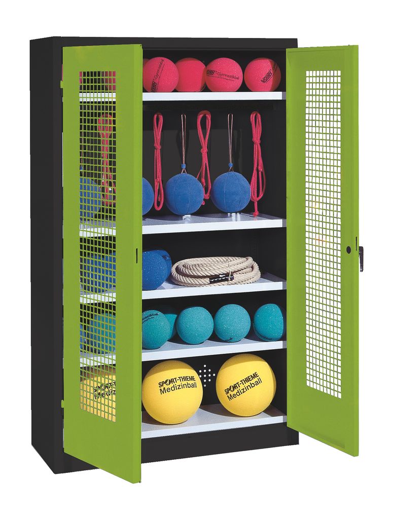C+P Sportgeräteschrank mit Lochblech-Flügeltüren (Typ 2), HxBxT 195x120x50 cm, Ergo-Lock Muldengriff, Clowngrün (RAL 110 80 60), Anthrazit (RAL...