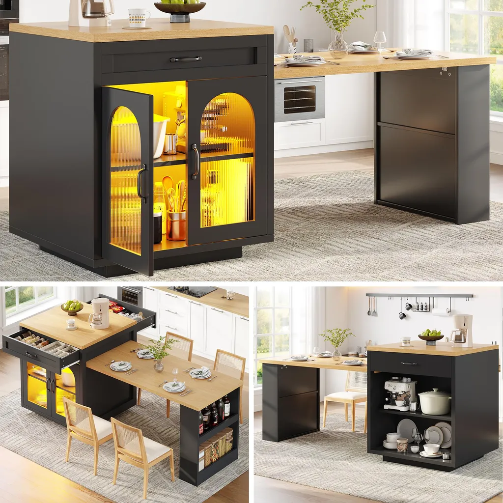 Gagnez de la place : îlot de cuisine extensible et buffet de rangement