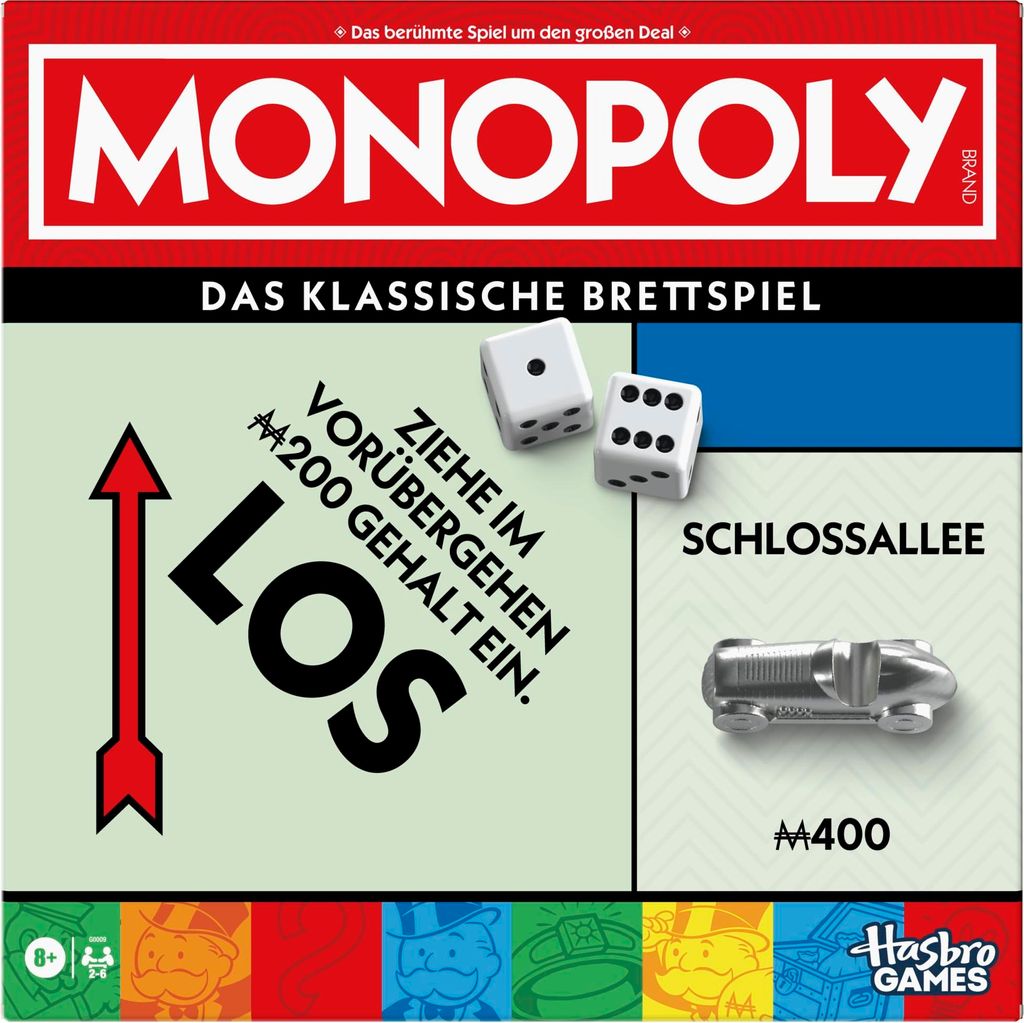 The image is the front cover of a Monopoly board game box, showing the game's logo, title, and some game elements like dice and a game piece.