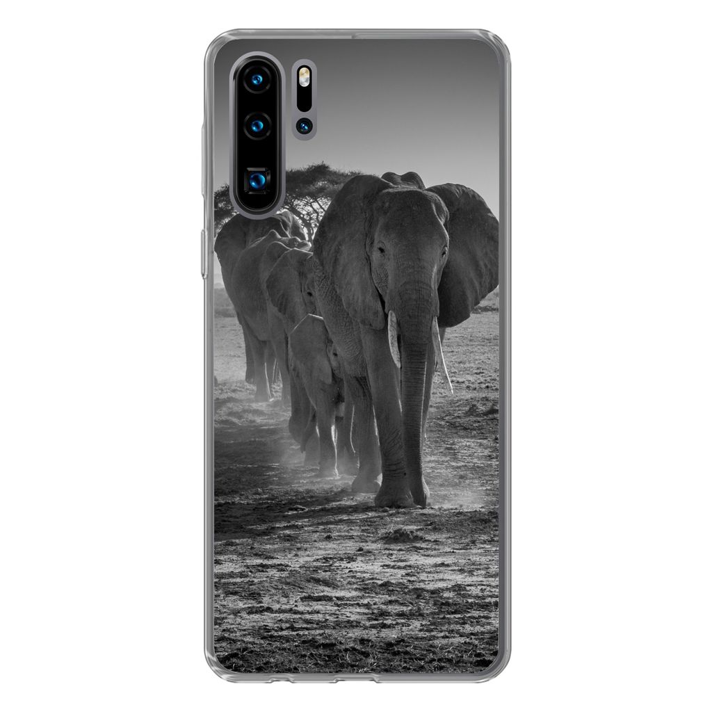 MuchoWow Handyhülle Schutzhülle Hülle für Huawei P30 Pro Elefant - Einfarbig - Tiere - Schwarz - Weiß Silikon Softcase Handy Hülle - Schutz...