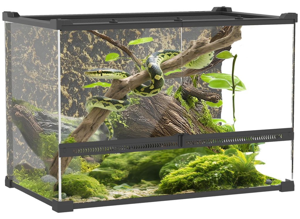 Terrarium fš¹r Reptilien Glasterrarium 48L mit Frontbelš¹ftung Steinrš¹ckwand Drehverschluss 50 x 30 x 35 cm Schwarz