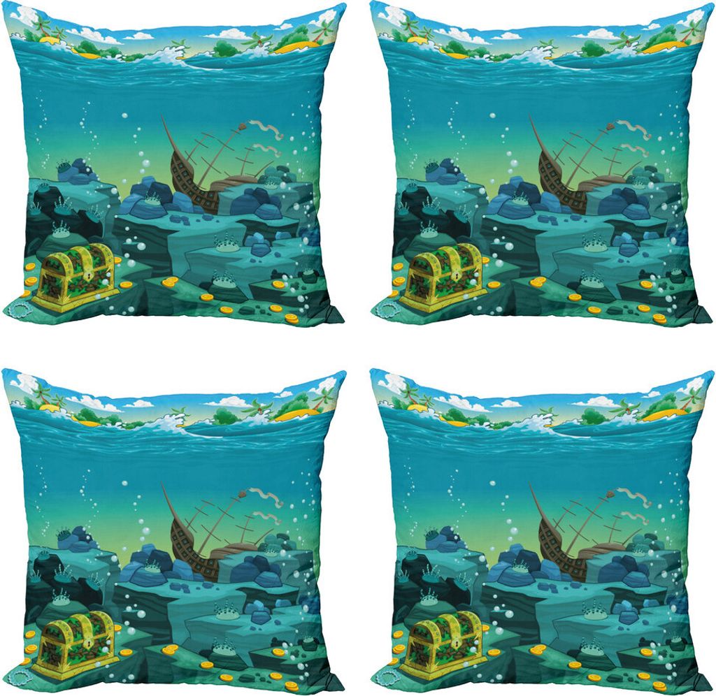 ABAKUHAUS Karikatur Kissenbezug Set (4 Stück), Versenkten Schiff Piraten-Kinder, Moderner Doppelseitiger Digitaldruck, 40 cm x 40 cm, Teal und Gelb