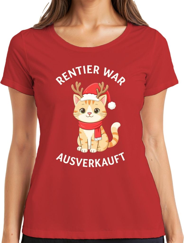 Rentier war t Weihnachten Katze lustig Geschenk süß Damen T-Shirt, Rot, S