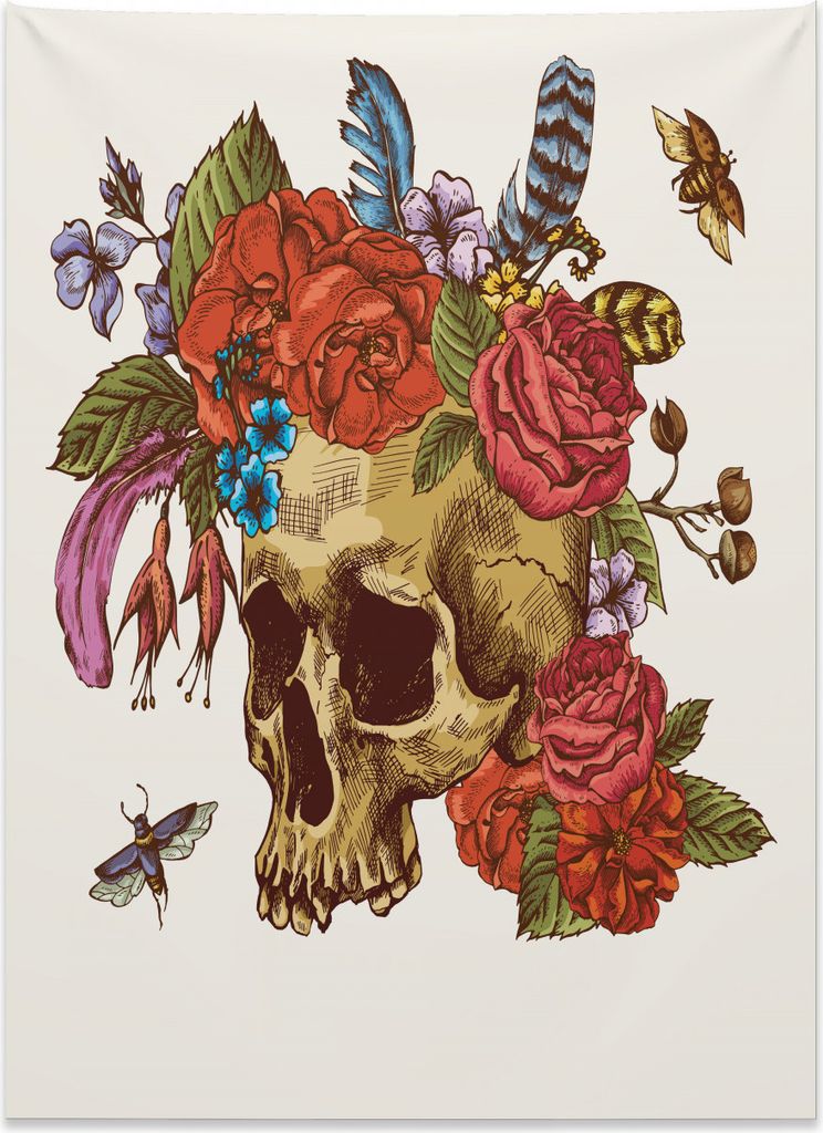 Abakuhaus gotisch Wandteppich, Schädel Blumen Bienen aus Weiches Mikrofaser Stoff Kein Verblassen Klare Farben Waschbar, 110 x 150 cm, Mehrfarbig