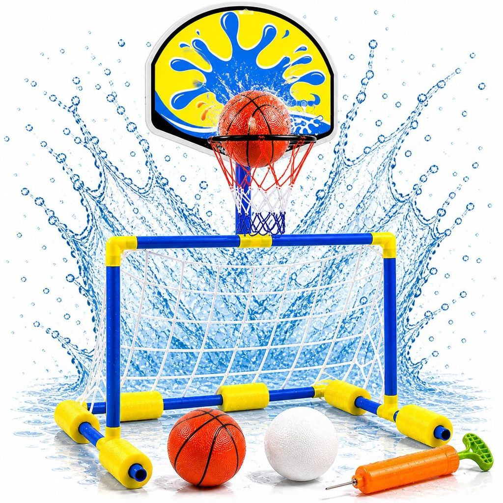 2 in 1 Wasserspiel mit Basketballkorb & Wasserballtor – Poolspiel für Kinder und Erwachsene inkl. Bälle