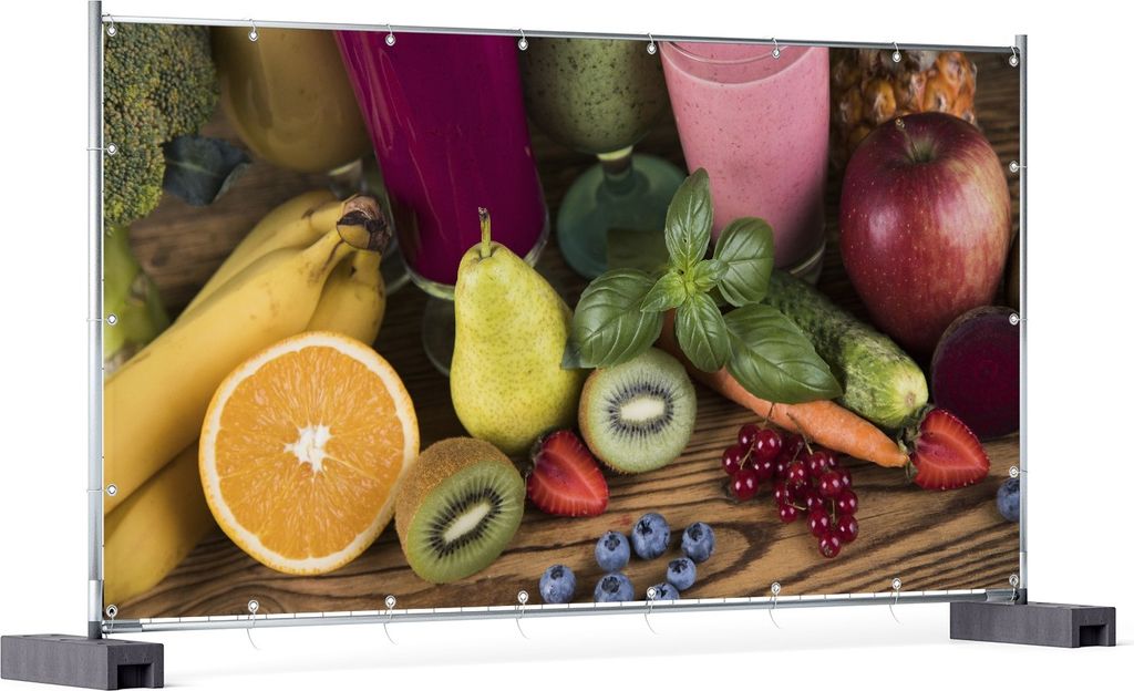 Wallario XXL Outdoor-Poster für Garten oder Balkon, Motiv Bunte Smoothies mit Obst in der Küche, in ca. 340 x 173 cm