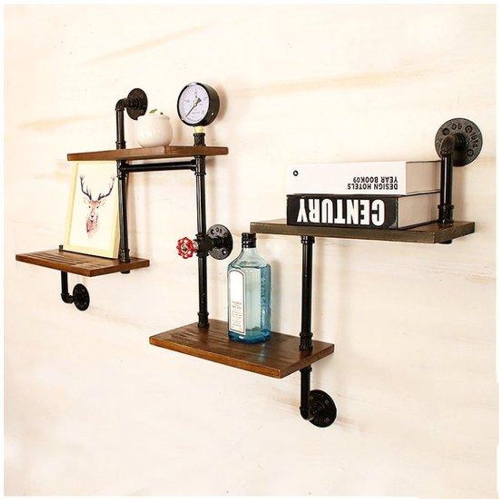 industriële houten wandhanger met pijpplank voor woonkamer of bar