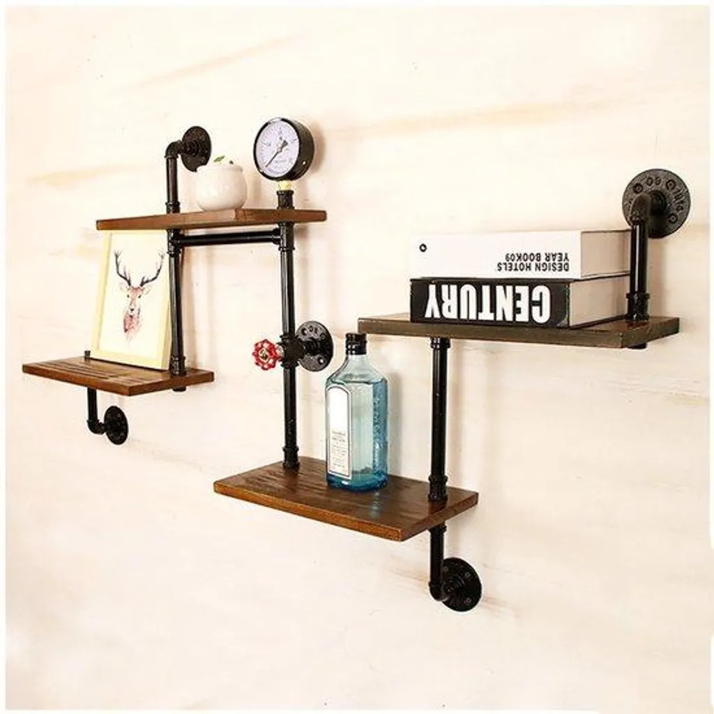 Porte-objets mural bois massif et pipes en fer rétro pour bar vintage