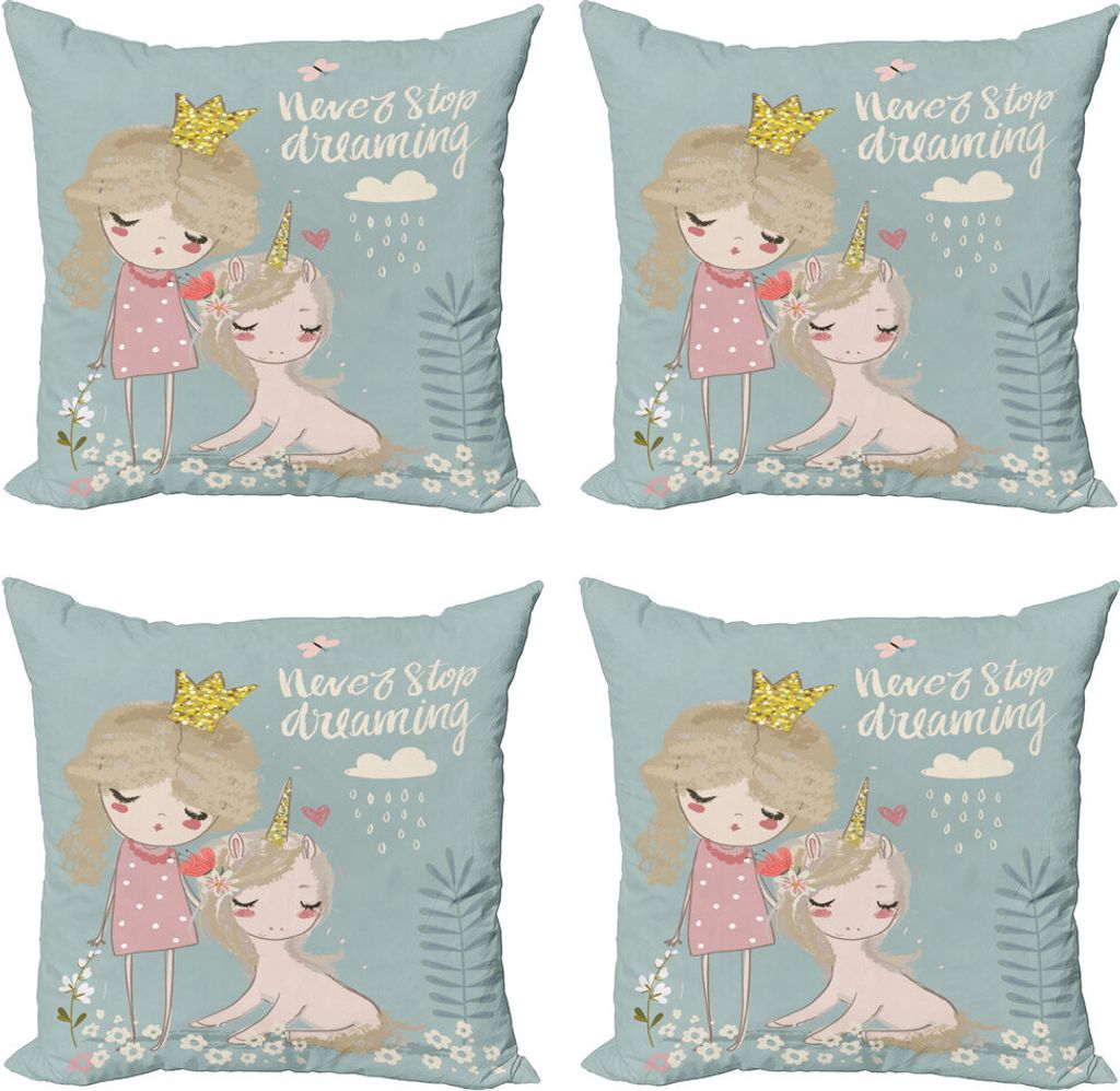ABAKUHAUS Sprichwort Kissenbezug Set (4 Stück), Prinzessin Girl Einhorn, Moderner Doppelseitiger Digitaldruck, 40 cm x 40 cm, Mehrfarbig