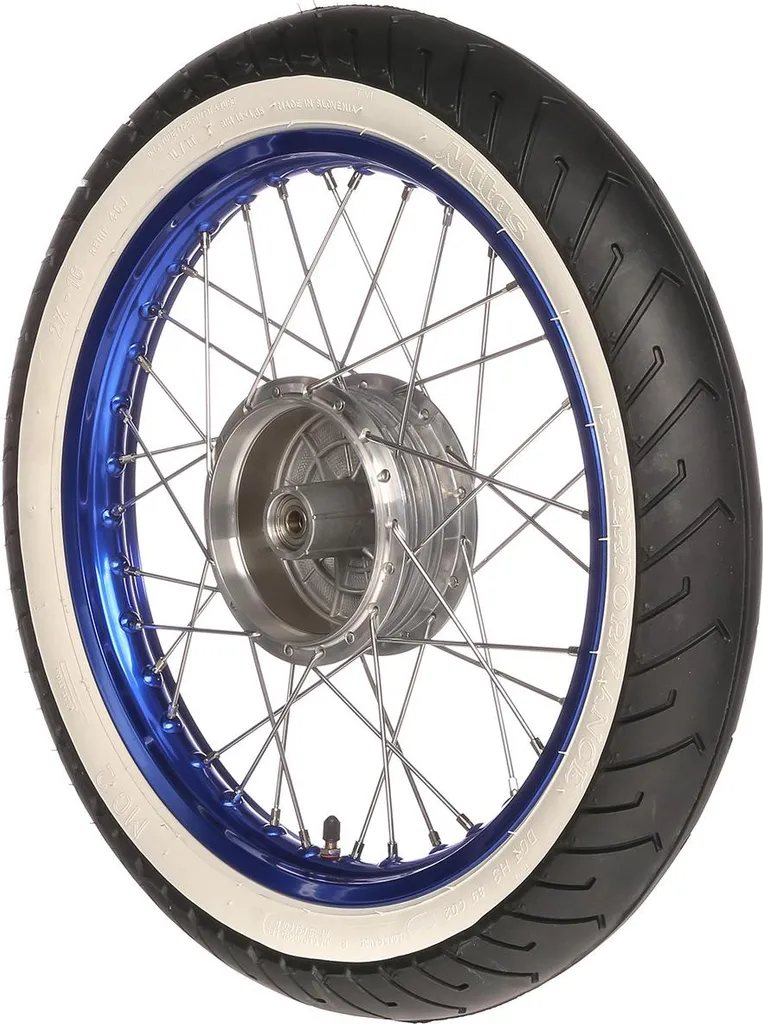 Roue de cyclomoteur 16 pouces bleue avec pneu Mitas à flancs blancs