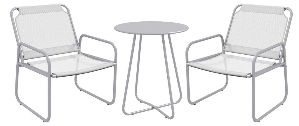 3-teiliges Gartenmöbelset 2 Stühle mit Netzstoff 1 runder Metalltisch Ø 60 cm pulverbeschichtetes Gestell Hellgrau