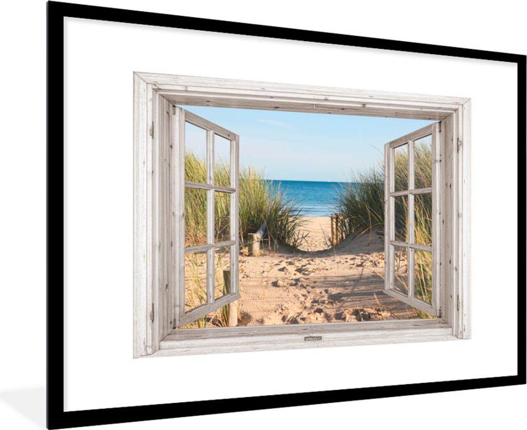 MuchoWow Gerahmtes Poster Durchblick - Strand - Meer - Dünen - Sand - Wasser - Hochgras 90x60 cm - Poster mit Schwarzem Bilderrahmen Wandposter ...