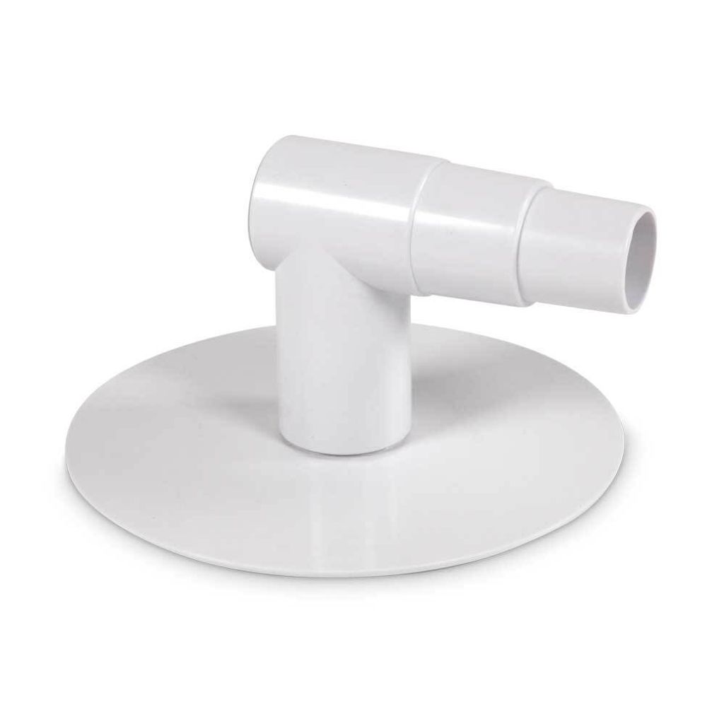 A white plastic pool skimmer adapter with a flat base and a 90-degree angled tube.