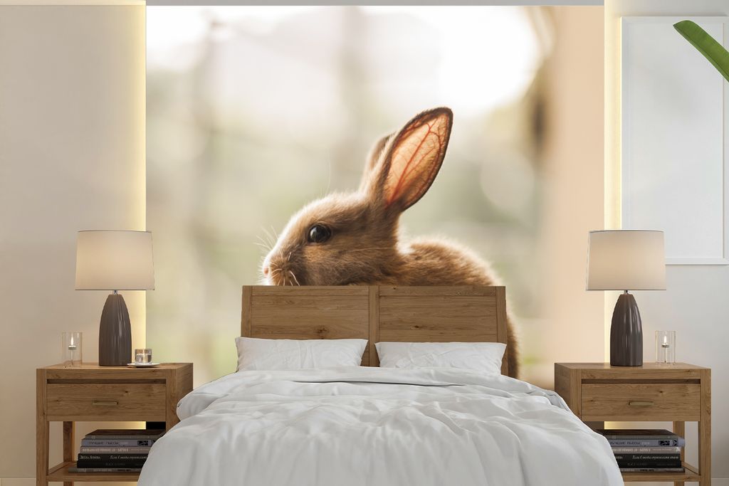 MuchoWow Fototapete für Wohnzimmer oder Schlafzimmer Wandtapete Vinyl Motivtapete Kaninchen - Baby - Tier - 240x240 cm - Schlafzimmer-Tapete