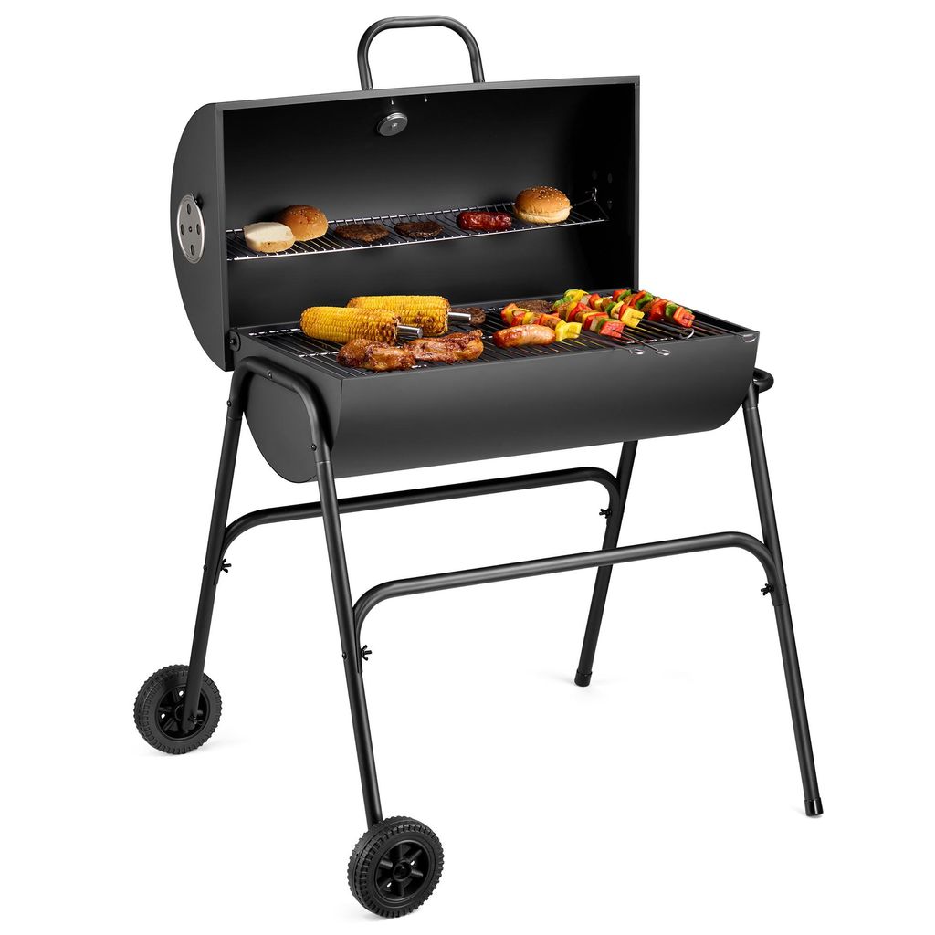 VonHaus Holzkohlegrill mit Deckel, Fassgrill, 2-in-1 BBQ & Produktbild 