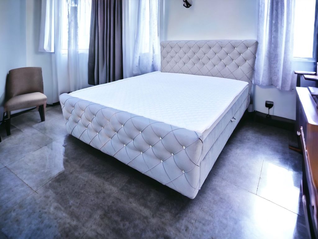 Boxspringbett mit kristallen CARMEN II 160x200 cm Amor Velvet 19 Grau Bett mit zwei Bettkästen und H2 Matratze,Komplett-Set mit Matratze und Topper,