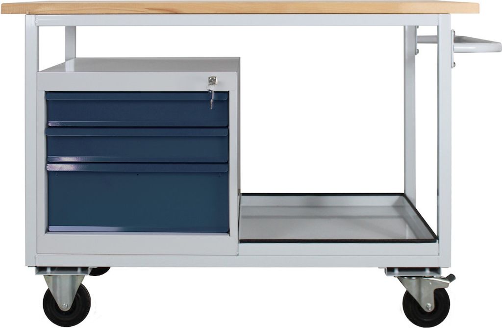 Mobile Werkbank Light Rhino mit Ablagefach + 3 Schubladen | HxBxT 85x130x60cm | 2 Lenkrollen (mit Bremse) und 2 Bockrollen | Traglast 300kg | Licht...
