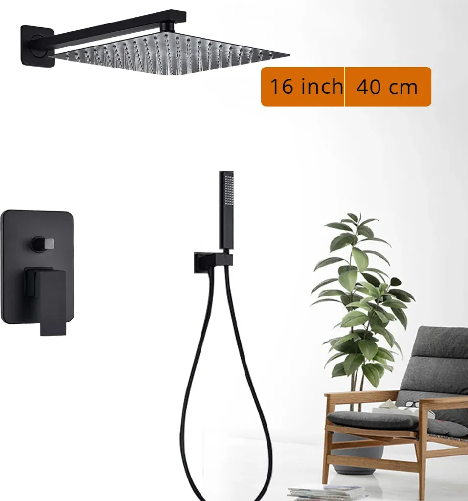 Set doccia nero, soffione a pioggia, valvola in ottone resistente, 2 vie da 16 pollici