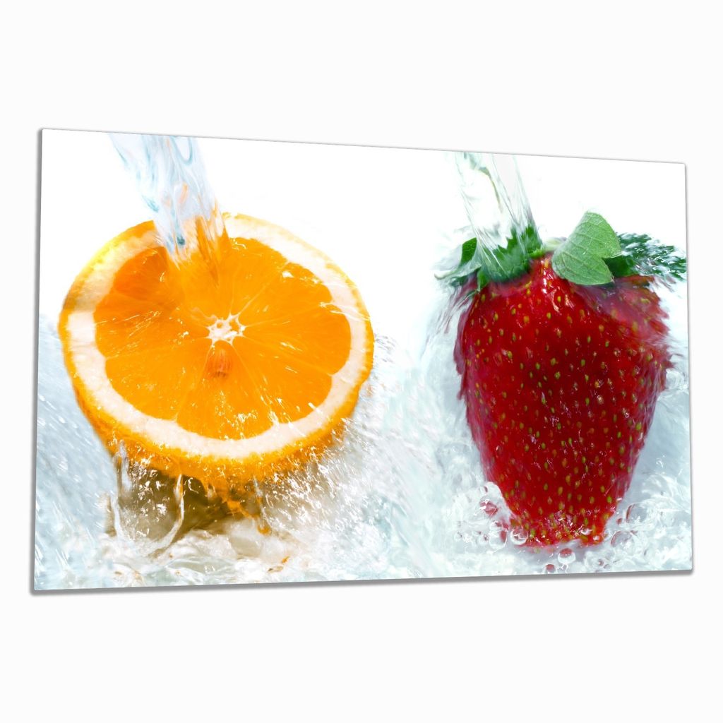 Wallario Herdabdeckplatte aus Glas, Größe 80 x 52 cm 1-teilig, Motiv Frische Früchte übergossen mit Wasser I